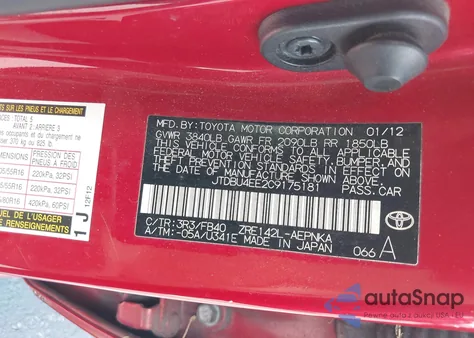 2012 Toyota Corolla Le z USA, uszkodzony, nr VIN JTDBU4EE2C9175181